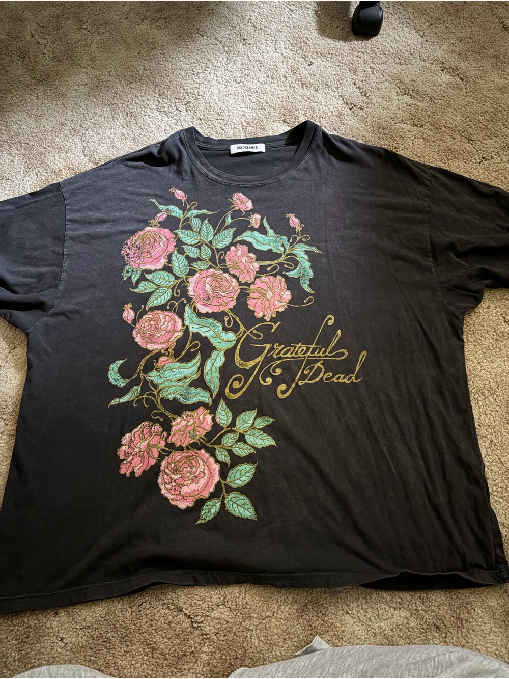 Daydreamer Black Tee with Pink Rose Graphic and Gold Script
